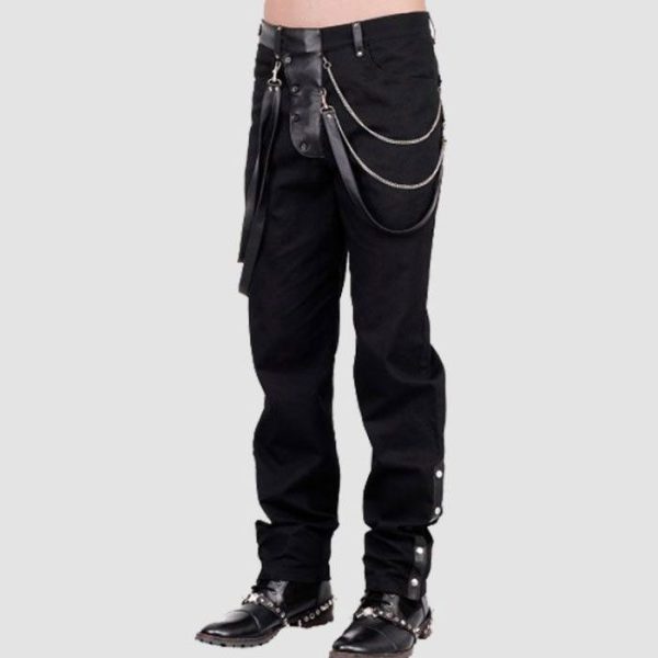 Mens steampunk gothic pants in black featuring decorative chains, buckle accents, and Victorian-inspired alternative fashion styling.