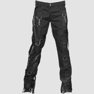 Mens black cyber goth pants featuring industrial D-ring hardware, utility straps, and futuristic darkwear styling