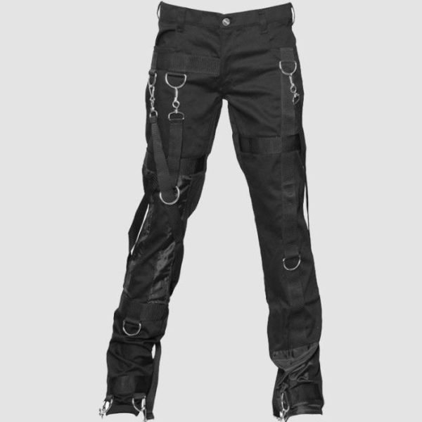 Mens black cyber goth pants featuring industrial D-ring hardware, utility straps, and futuristic darkwear styling
