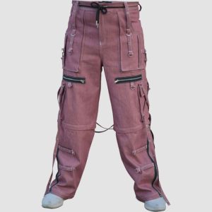 Mens techwear strap cargo pants featuring utility pockets, zipper accents, adjustable straps, and futuristic fashion styling