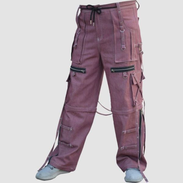 Mens techwear strap cargo pants featuring utility pockets, zipper accents, adjustable straps, and futuristic fashion styling