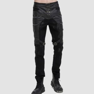Mens black gothic chain pants with decorative chains, buckle straps, and alternative gothic fashion styling