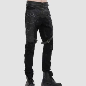 Mens Black Gothic Chain Pants Mens black gothic chain pants with decorative chains, buckle straps, and alternative gothic fashion styling