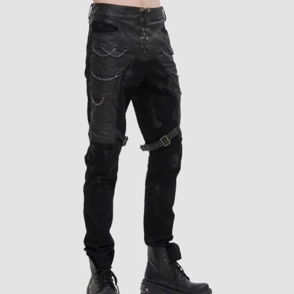 Mens black gothic chain pants with decorative chains, buckle straps, and alternative gothic fashion styling
