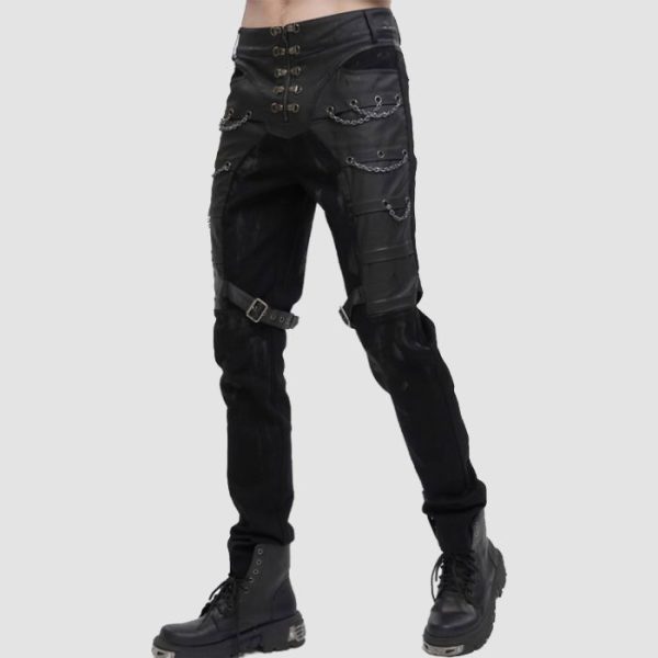 Mens black gothic chain pants with decorative chains, buckle straps, and alternative gothic fashion styling