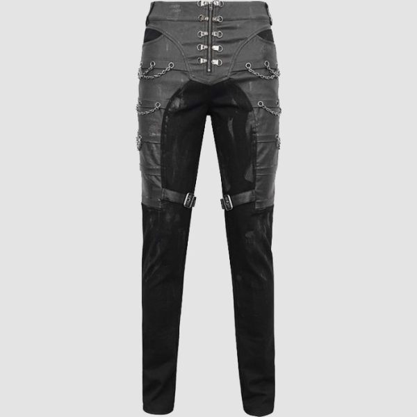 Mens black gothic chain pants with decorative chains, buckle straps, and alternative gothic fashion styling