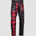 Mens gothic plaid pants with red tartan panels, chains, zipper details, and alternative fashion styling