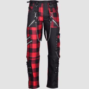Mens gothic plaid pants with red tartan panels, chains, zipper details, and alternative fashion styling
