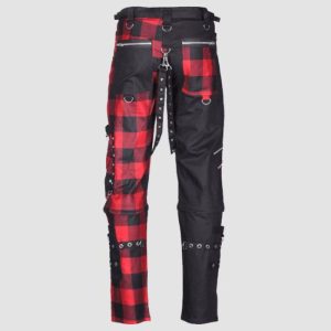 Mens gothic plaid pants with red tartan panels, chains, zipper details, and alternative fashion styling