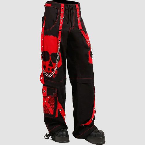 Mens Skull Gothic Pants Mens skull gothic pants in black and red featuring bold skull graphics, chain details, utility pockets, and alternative streetwear styling