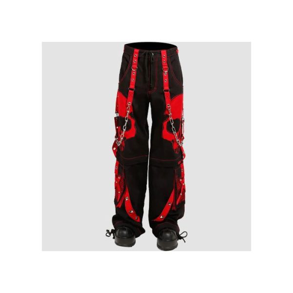 Mens Skull Gothic Pants Mens skull gothic pants in black and red featuring bold skull graphics, chain details, utility pockets, and alternative streetwear styling