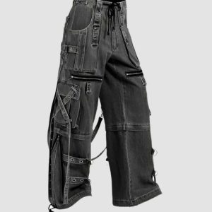 Black Wash Utility Wide Leg Cargo Jeans for Men Wide leg cargo jeans in black wash denim with utility pockets, adjustable straps, and relaxed streetwear styling