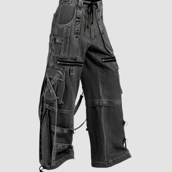 Wide leg cargo jeans in black wash denim with utility pockets, adjustable straps, and relaxed streetwear styling