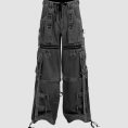 Wide leg cargo jeans in black wash denim with utility pockets, adjustable straps, and relaxed streetwear styling