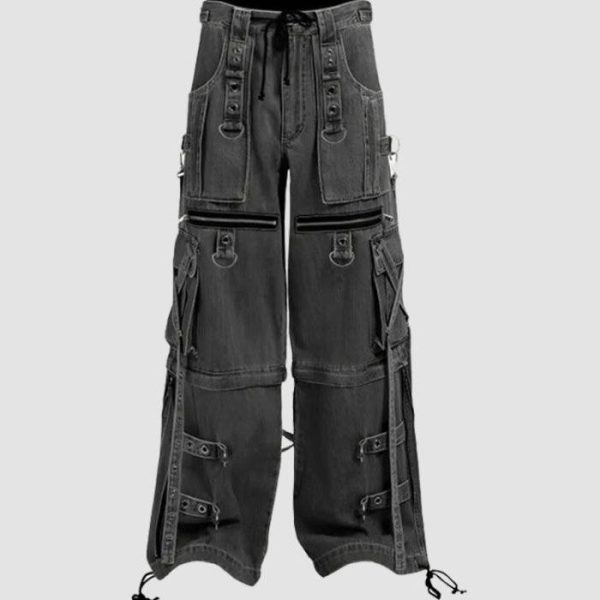 Wide leg cargo jeans in black wash denim with utility pockets, adjustable straps, and relaxed streetwear styling