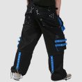 Black blue cyber goth pants with utility pockets, straps, chain details, and alternative streetwear styling