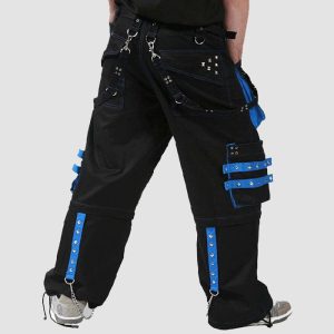 Black blue cyber goth pants with utility pockets, straps, chain details, and alternative streetwear styling