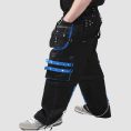 Black blue cyber goth pants with utility pockets, straps, chain details, and alternative streetwear styling