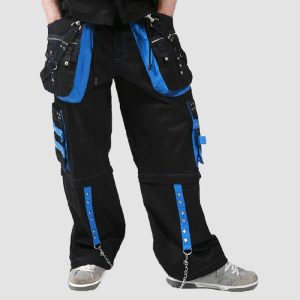 Black blue cyber goth pants with utility pockets, straps, chain details, and alternative streetwear styling