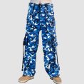 Blue camo techwear pants with cargo pockets, chain details, utility straps, and streetwear styling