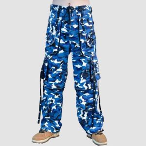 Blue camo techwear pants with cargo pockets, chain details, utility straps, and streetwear styling