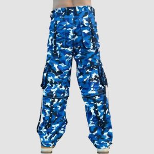 Blue camo techwear pants with cargo pockets, chain details, utility straps, and streetwear styling