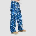 Blue camo techwear pants with cargo pockets, chain details, utility straps, and streetwear styling