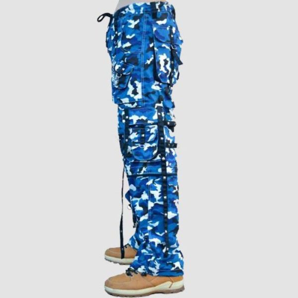 Blue Camo Techwear Pants Blue camo techwear pants with cargo pockets, chain details, utility straps, and streetwear styling