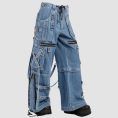 X-Strap utility denim pants in light blue denim with cargo pockets, D-ring hardware, and wide-leg streetwear styling