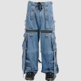 X-Strap utility denim pants in light blue denim with cargo pockets, D-ring hardware, and wide-leg streetwear styling