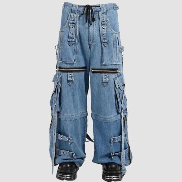 X-Strap utility denim pants in light blue denim with cargo pockets, D-ring hardware, and wide-leg streetwear styling