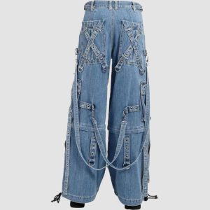 X-Strap utility denim pants in light blue denim with cargo pockets, D-ring hardware, and wide-leg streetwear styling