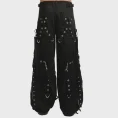 Black cyber goth cargo pants with straps, D-ring hardware and wide-leg alternative fashion design rear view
