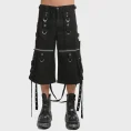 Black cyber goth cargo pants with straps, D-ring hardware and wide-leg alternative fashion design split view