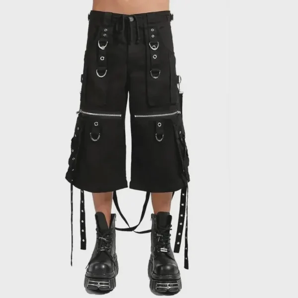 Black cyber goth cargo pants with straps, D-ring hardware and wide-leg alternative fashion design split view