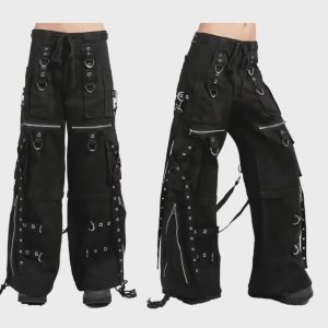 Black cyber goth cargo pants with straps, D-ring hardware and wide-leg alternative fashion design