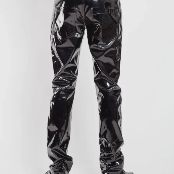 Black vinyl punk pants with reflective finish back view