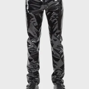 Black vinyl PVC goth pants with glossy slim fit design front view