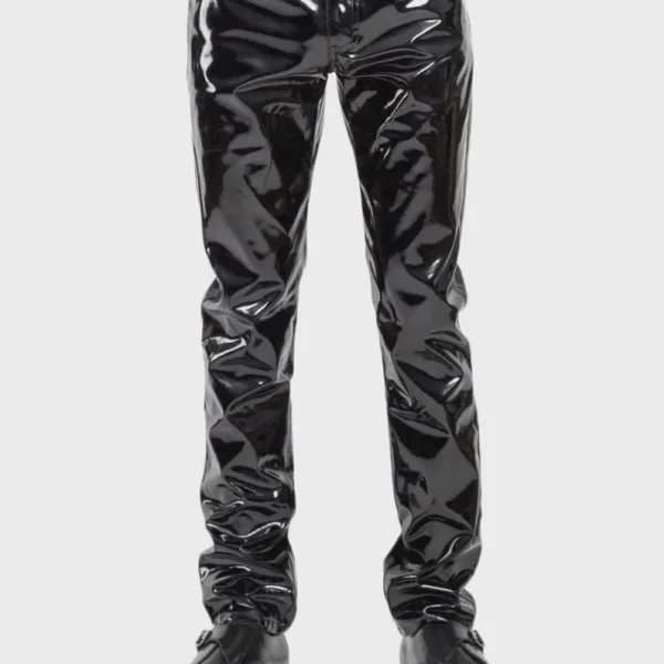 Black vinyl PVC goth pants with glossy slim fit design front view