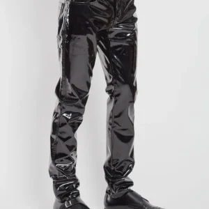 Black shiny PVC gothic pants featuring slim leg silhouette side view