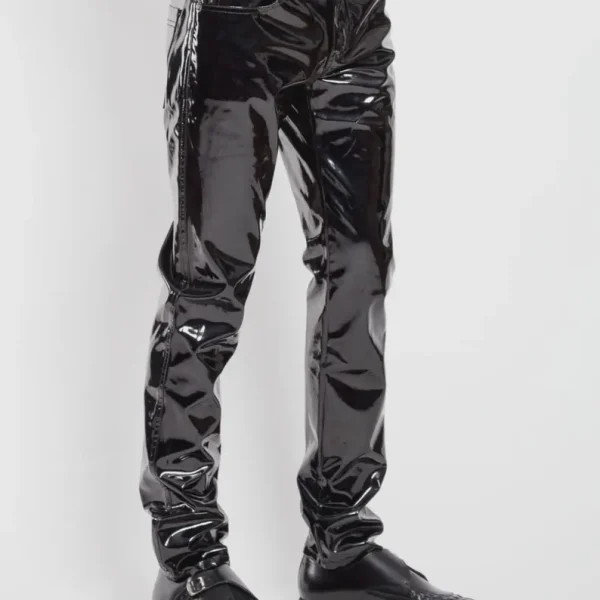 Black shiny PVC gothic pants featuring slim leg silhouette side view
