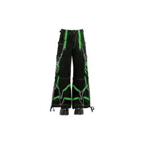 Green spider web cyber goth cargo pants with chain straps and wide leg design front view