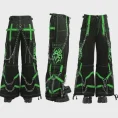 Green spider web cyber goth cargo pants with chain straps and wide leg design front view