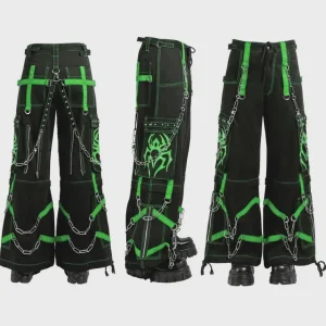 Green spider web cyber goth cargo pants with chain straps and wide leg design front view