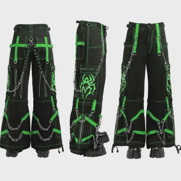 Green spider web cyber goth cargo pants with chain straps and wide leg design front view