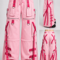 Pink wide leg techwear cargo pants with decorative straps and D-ring hardware