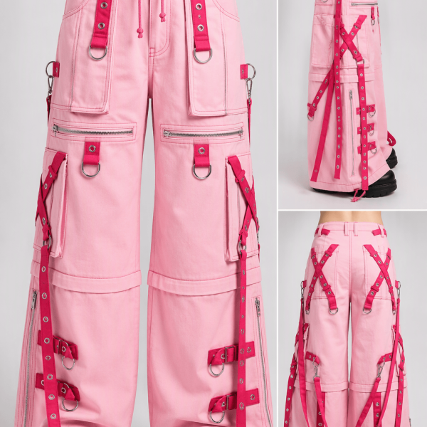 Pink wide leg techwear cargo pants with decorative straps and D-ring hardware