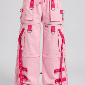 Pink Y2K techwear cargo pants with utility pockets and strap details front view
